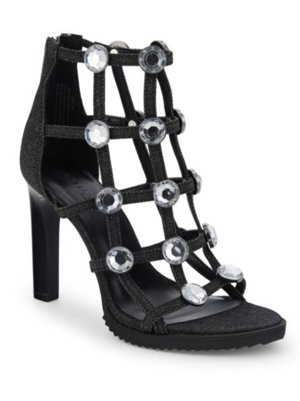 Black Denim Caged Crystal Sandal Heel Karl Lagerfeld Paris Size 6.5 Y2K NWOB